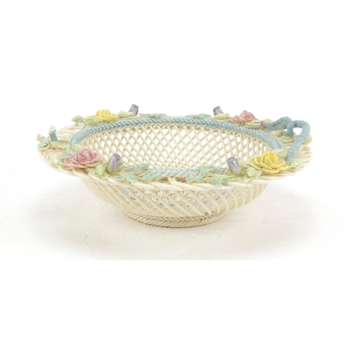 495 - Belleek first period floral encrusted pierced porcelain basket, 23cm in diameter