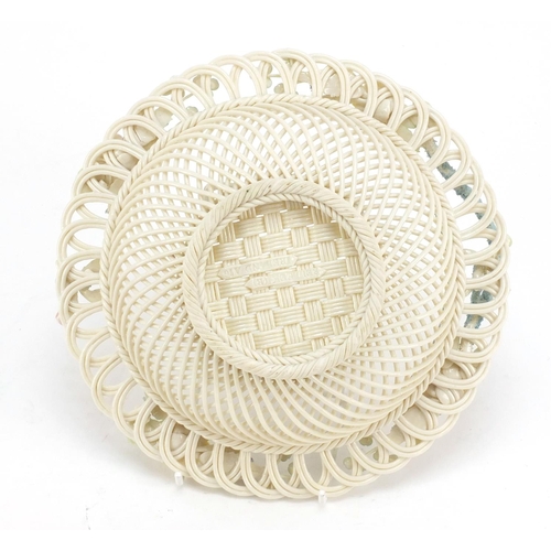 495 - Belleek first period floral encrusted pierced porcelain basket, 23cm in diameter