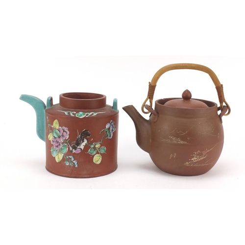 3785 - Two Chinese Yixing terracotta teapots including one enamelled with a bird and flowers, with incised ... 