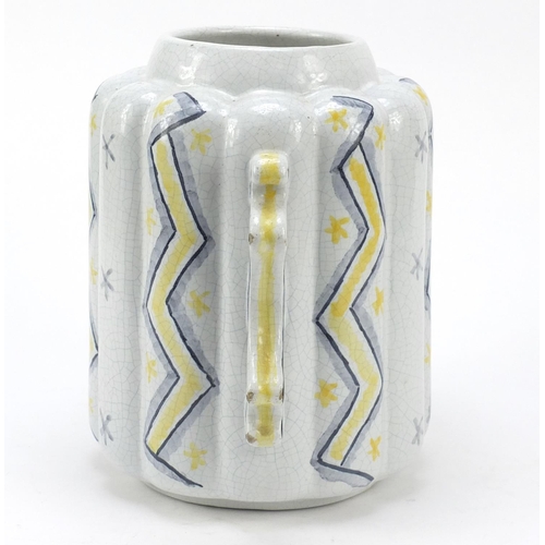 62 - Wilhelm Kage for Gustavsberg, Swedish Art Deco vase with twin handles, hand painted with a stylised ... 