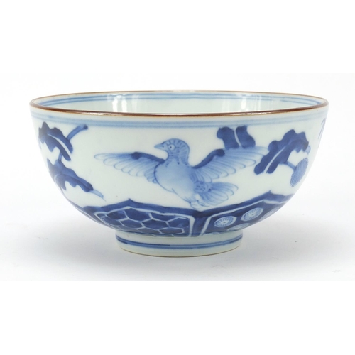 510 - Chinese blue and white porcelain bowl, hand painted with birds and bamboo trees, six figure Chenghua... 