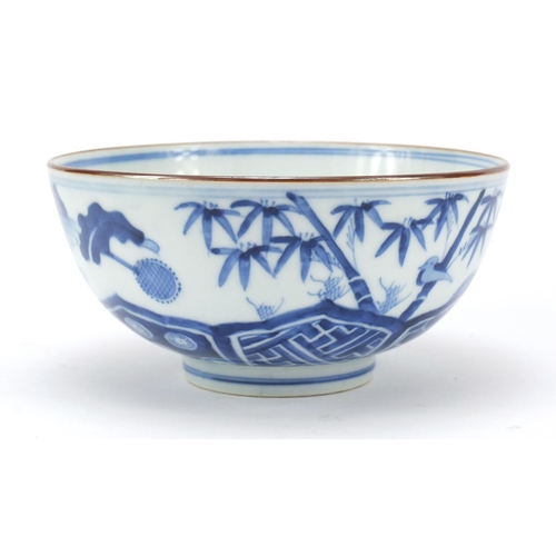 510 - Chinese blue and white porcelain bowl, hand painted with birds and bamboo trees, six figure Chenghua... 