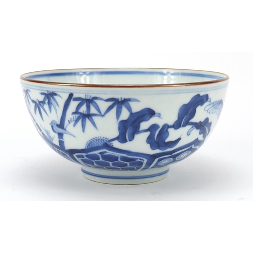 510 - Chinese blue and white porcelain bowl, hand painted with birds and bamboo trees, six figure Chenghua... 