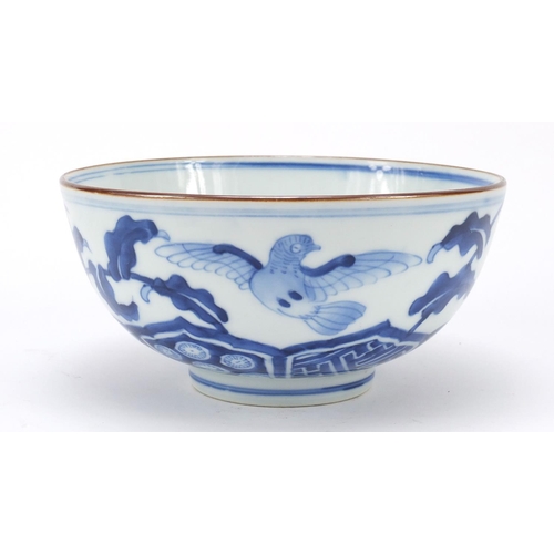 510 - Chinese blue and white porcelain bowl, hand painted with birds and bamboo trees, six figure Chenghua... 