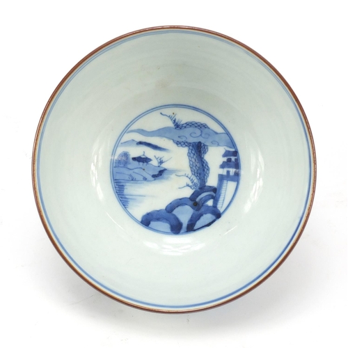 510 - Chinese blue and white porcelain bowl, hand painted with birds and bamboo trees, six figure Chenghua... 