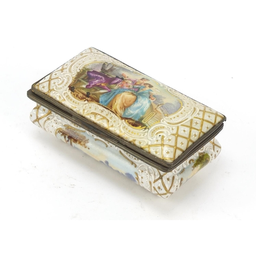 497 - 19th century French porcelain casket hand painted with panels of lovers and landscapes, painted mark... 