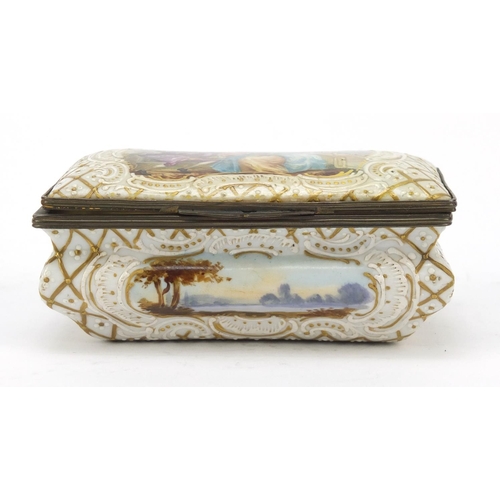 497 - 19th century French porcelain casket hand painted with panels of lovers and landscapes, painted mark... 