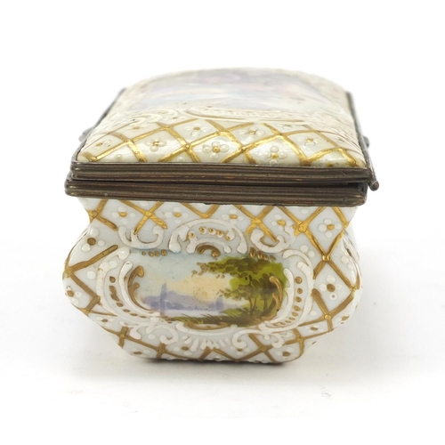 497 - 19th century French porcelain casket hand painted with panels of lovers and landscapes, painted mark... 