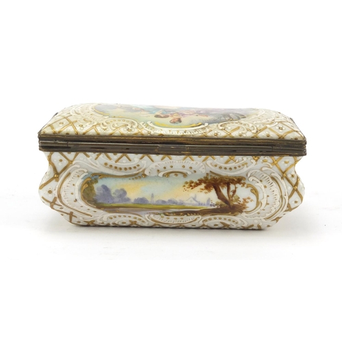 497 - 19th century French porcelain casket hand painted with panels of lovers and landscapes, painted mark... 