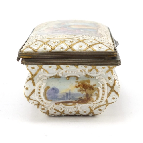 497 - 19th century French porcelain casket hand painted with panels of lovers and landscapes, painted mark... 