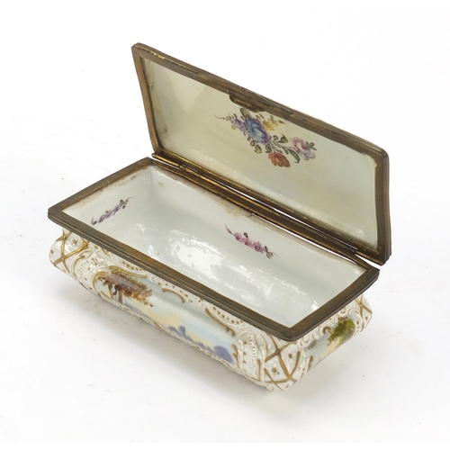 497 - 19th century French porcelain casket hand painted with panels of lovers and landscapes, painted mark... 