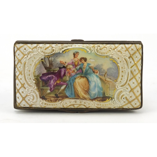 497 - 19th century French porcelain casket hand painted with panels of lovers and landscapes, painted mark... 