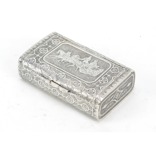 3069 - Russian silver snuff box with double hinged lid, embossed with horses pulling a troika sleigh, impre... 