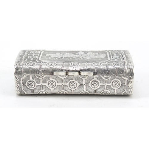 3069 - Russian silver snuff box with double hinged lid, embossed with horses pulling a troika sleigh, impre... 