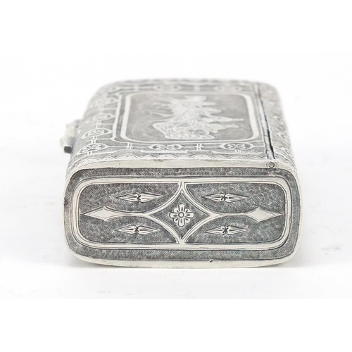 3069 - Russian silver snuff box with double hinged lid, embossed with horses pulling a troika sleigh, impre... 