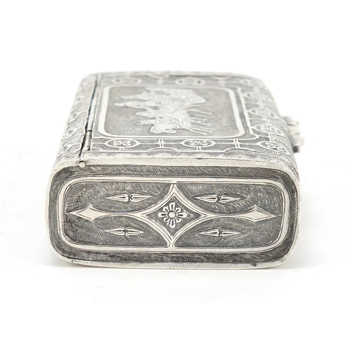 3069 - Russian silver snuff box with double hinged lid, embossed with horses pulling a troika sleigh, impre... 