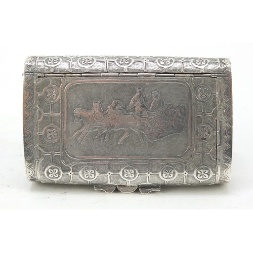 3069 - Russian silver snuff box with double hinged lid, embossed with horses pulling a troika sleigh, impre... 