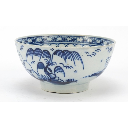 92 - 18th century pearlware bowl decorated in the chinoiserie manner, 13.5cm in diameter