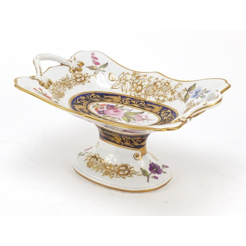 86 - Charles Bourne, early 19th century Staffordshire tazza with twin handles, finely hand painted and gi... 