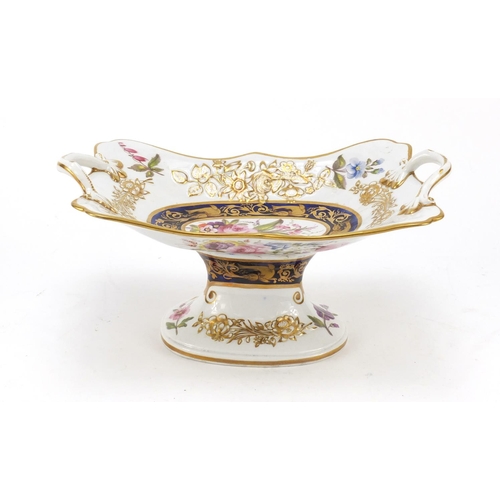 86 - Charles Bourne, early 19th century Staffordshire tazza with twin handles, finely hand painted and gi... 