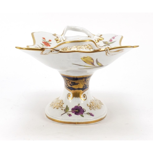 86 - Charles Bourne, early 19th century Staffordshire tazza with twin handles, finely hand painted and gi... 