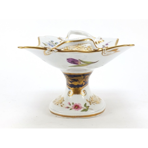 86 - Charles Bourne, early 19th century Staffordshire tazza with twin handles, finely hand painted and gi... 