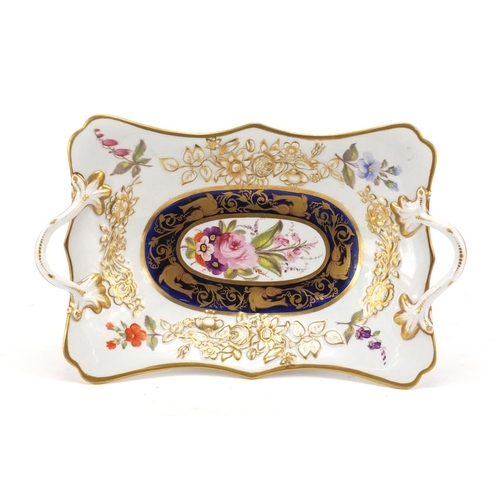 86 - Charles Bourne, early 19th century Staffordshire tazza with twin handles, finely hand painted and gi... 