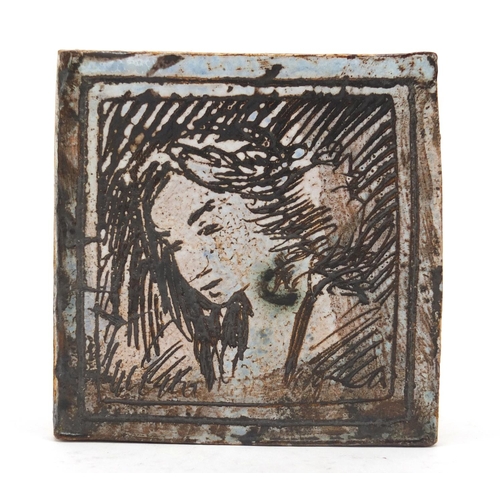 205 - Quentin Bell, 1970's scraffito tile of a female's head, 10cm x 10cm
