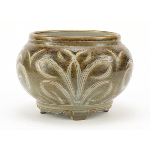 3 - Charles Vyse, 1930's stoneware squatted vase on four scroll feet, incised with stylised foliage, inc... 