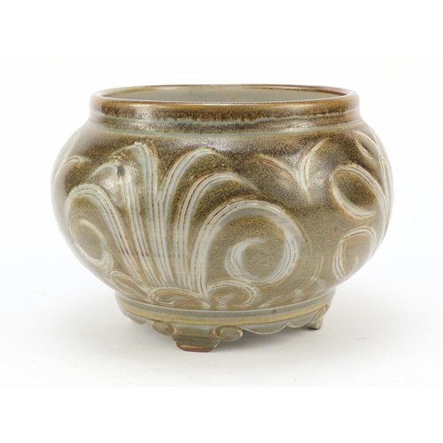 3 - Charles Vyse, 1930's stoneware squatted vase on four scroll feet, incised with stylised foliage, inc... 