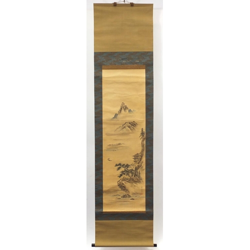 3798 - Chinese hand painted wall hanging scroll depicting a river landscape with calligraphy and red seal m... 