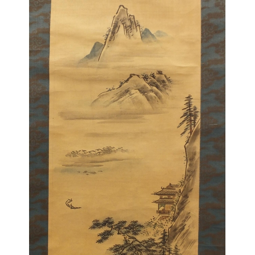 3798 - Chinese hand painted wall hanging scroll depicting a river landscape with calligraphy and red seal m... 
