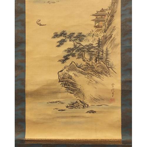 3798 - Chinese hand painted wall hanging scroll depicting a river landscape with calligraphy and red seal m... 