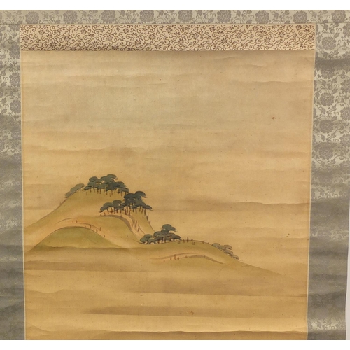 3799 - Chinese hand painted wall hanging scroll depicting two figures in a landscape, with calligraphy and ... 