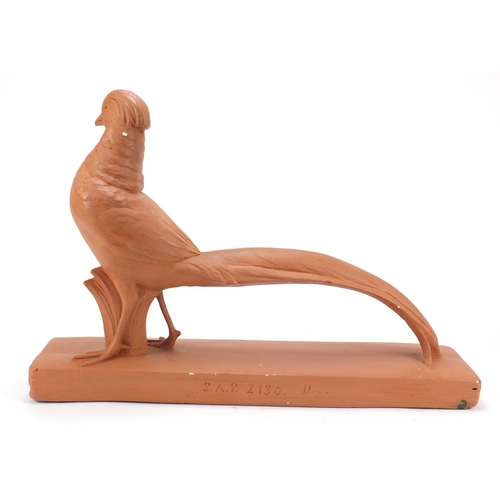 3792 - French Art Deco style plaster pheasant sculpture impressed SAP 2130 to the reverse, 55cm wide