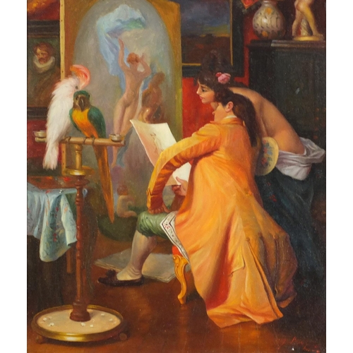 502 - Artist with scantily dressed female and parrot in an interior, Italian school oil on board, framed, ... 