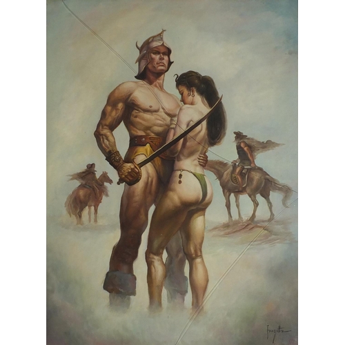 453 - Two figures before horses, oil on board, framed, 82.5cm x 61.5cm