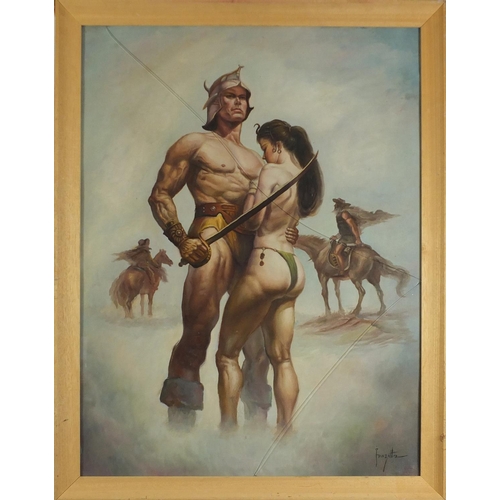 453 - Two figures before horses, oil on board, framed, 82.5cm x 61.5cm