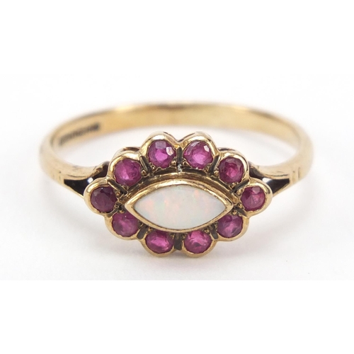 2395 - 9ct gold ruby and opal ring, size O, 1.6g