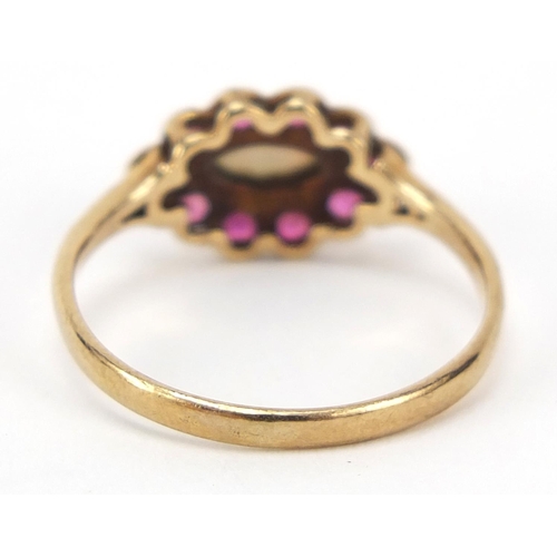 2395 - 9ct gold ruby and opal ring, size O, 1.6g