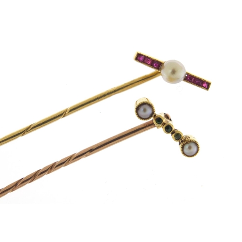 2363 - Two Art Deco unmarked gold tie pins set with rubies, pearls and emeralds, the largest 6.5cm in lengt... 