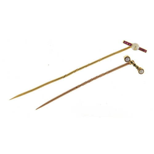 2363 - Two Art Deco unmarked gold tie pins set with rubies, pearls and emeralds, the largest 6.5cm in lengt... 