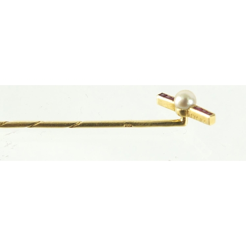 2363 - Two Art Deco unmarked gold tie pins set with rubies, pearls and emeralds, the largest 6.5cm in lengt... 