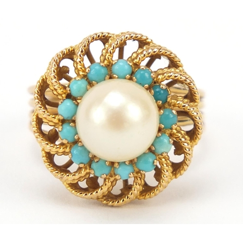 2393 - Continental gold, pearl and turquoise ring, (tests as 18ct gold) size M, 6.4g