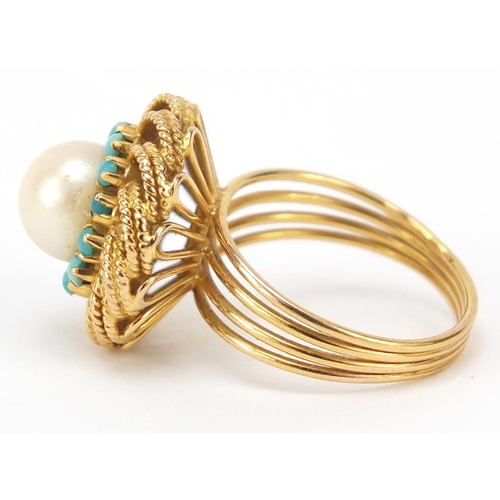 2393 - Continental gold, pearl and turquoise ring, (tests as 18ct gold) size M, 6.4g