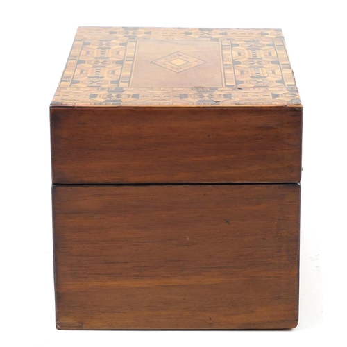 902 - Victorian Tunbridgeware style inlaid box with hinged lid, 13.5cm H x 22cm W x 14cm D