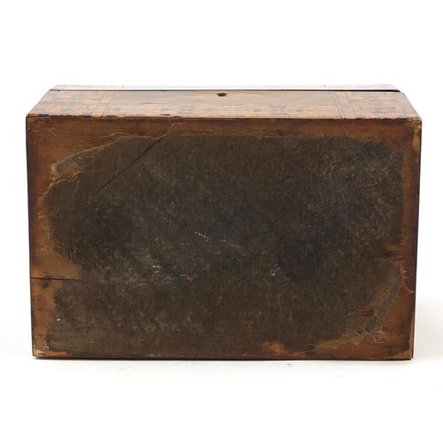 902 - Victorian Tunbridgeware style inlaid box with hinged lid, 13.5cm H x 22cm W x 14cm D