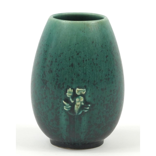 68 - Saxbo, Danish stoneware vase with stylised motif having a green mottled glaze, 13cm high