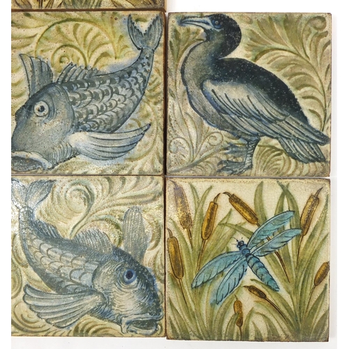 215 - Attributed to William de Morgan, seven Arts & Crafts tiles, hand painted with stylised animals and f... 