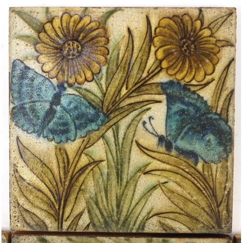 215 - Attributed to William de Morgan, seven Arts & Crafts tiles, hand painted with stylised animals and f... 